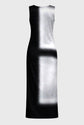 Black and white sleeveless dress on a light gray background