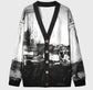 Cardigan with black and white abstract design on a gray background