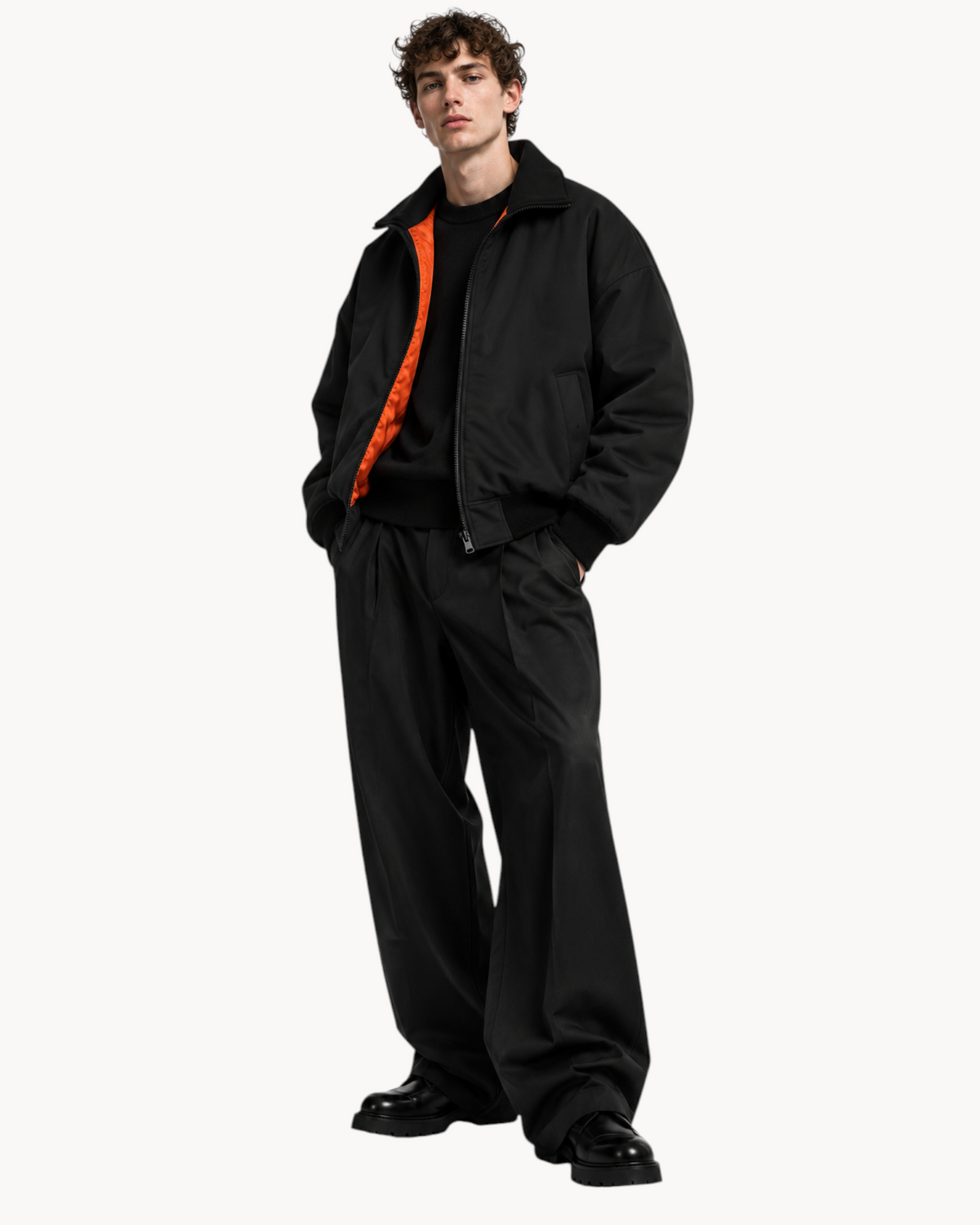 Sailuc Noma fleece jacket in black with a vibrant orange lining, lapel collar, and ribbed cuffs on a male model.