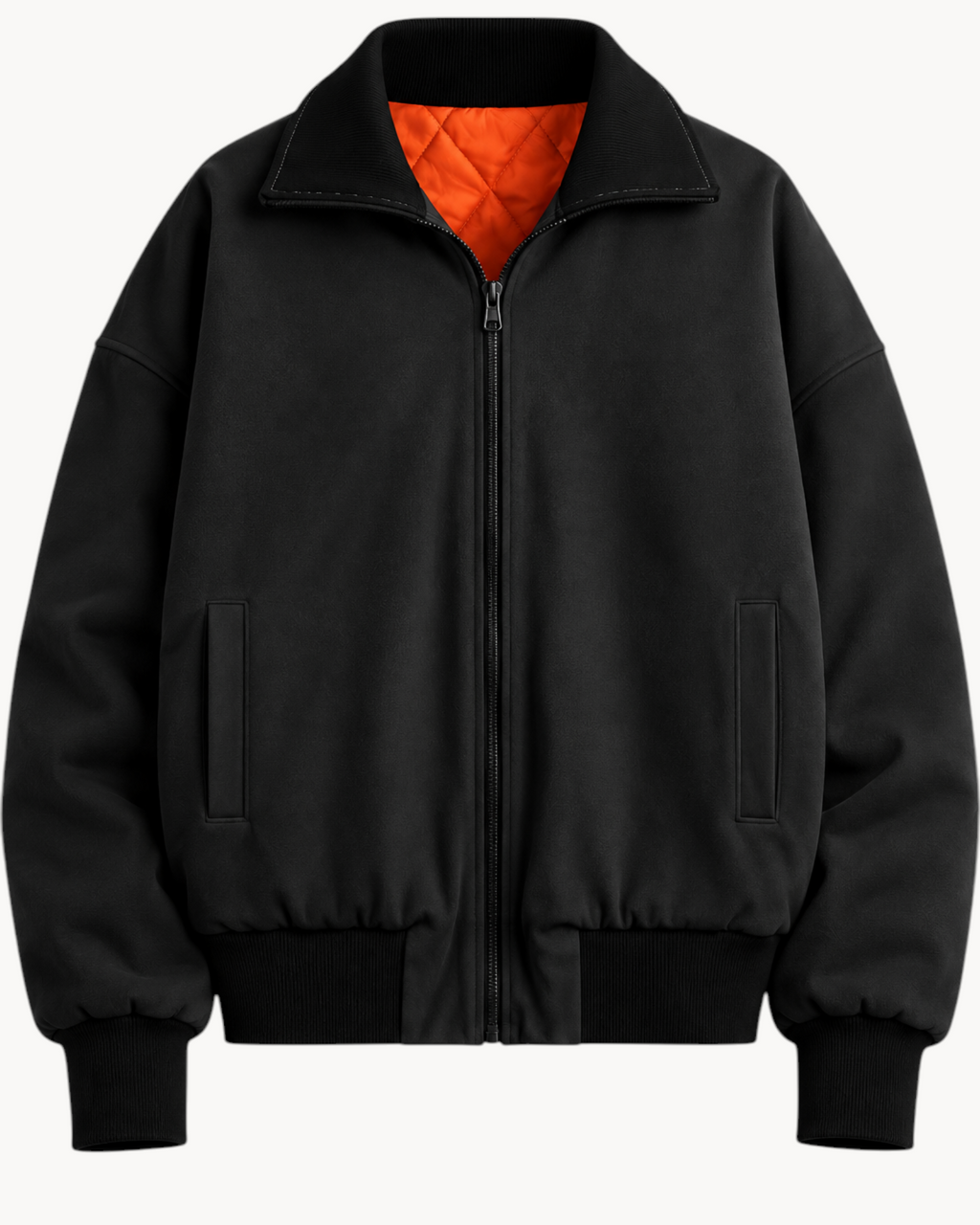 Sailuc Noma black Hacci fleece jacket with lapel collar, zip closure, and contrasting orange quilted lining.