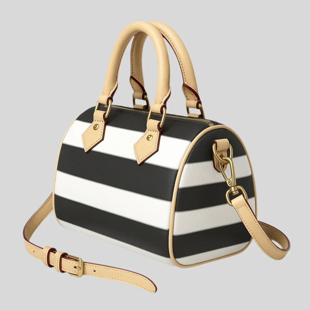 Striped Barrel-Shaped Leather Handbag - Sailuc