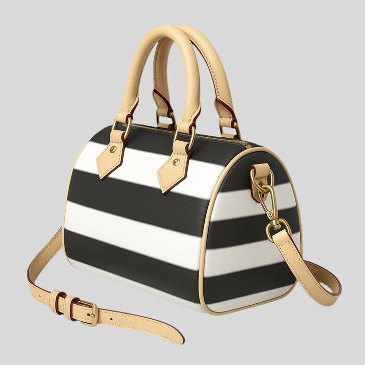 Striped Barrel-Shaped Leather Handbag - Sailuc