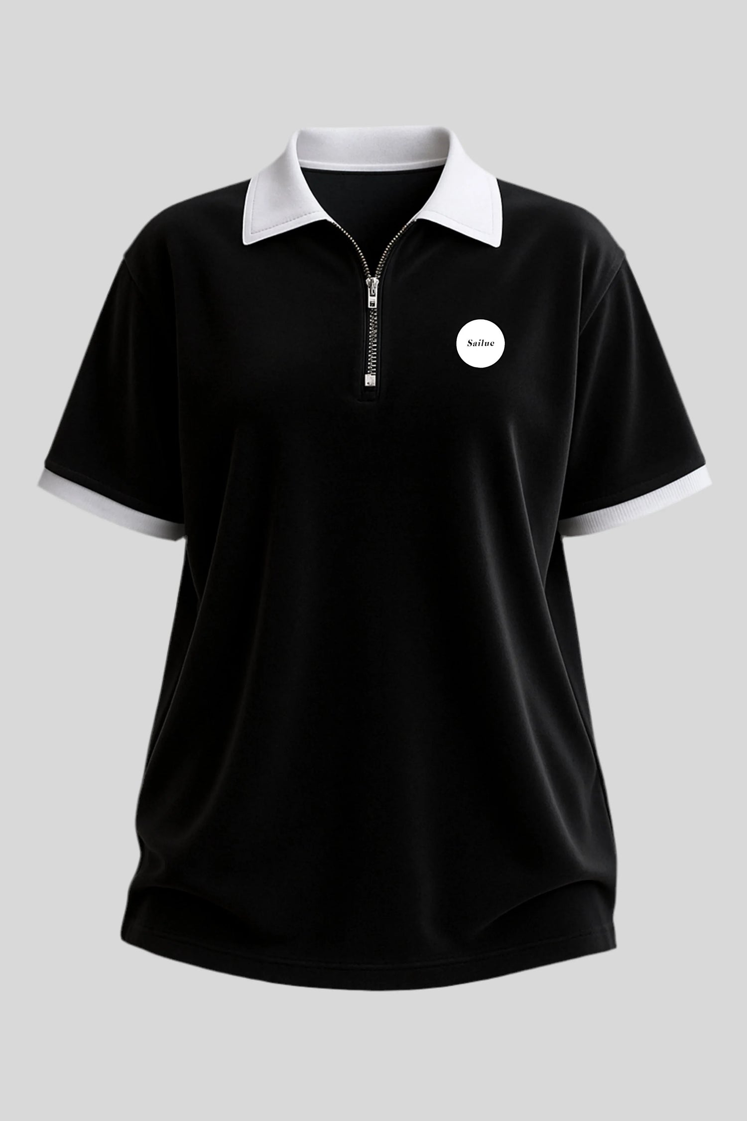 Sailuc black short sleeve polo shirt with white collar, logo patch, luxury modern fashion