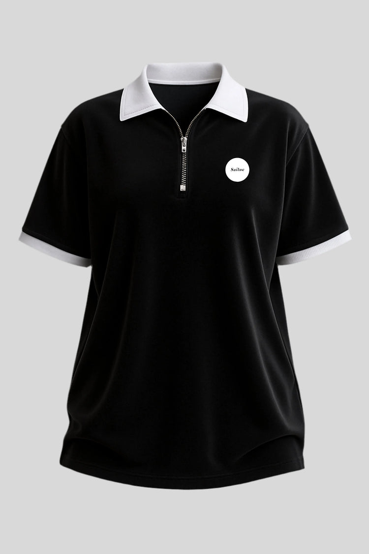 Sailuc black short sleeve polo shirt with white collar, logo patch, luxury modern fashion