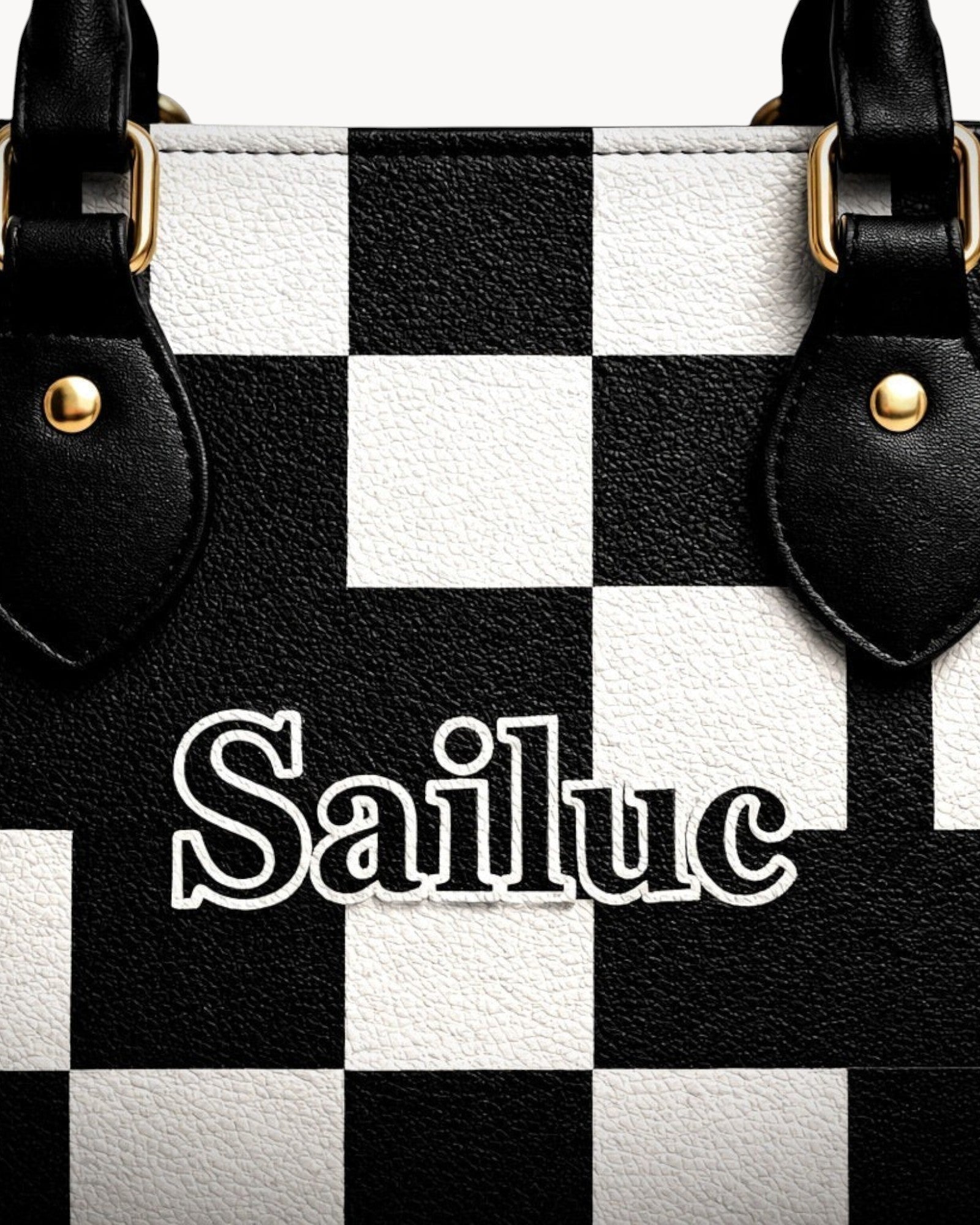 Black and white checkered bag with Sailuc branding