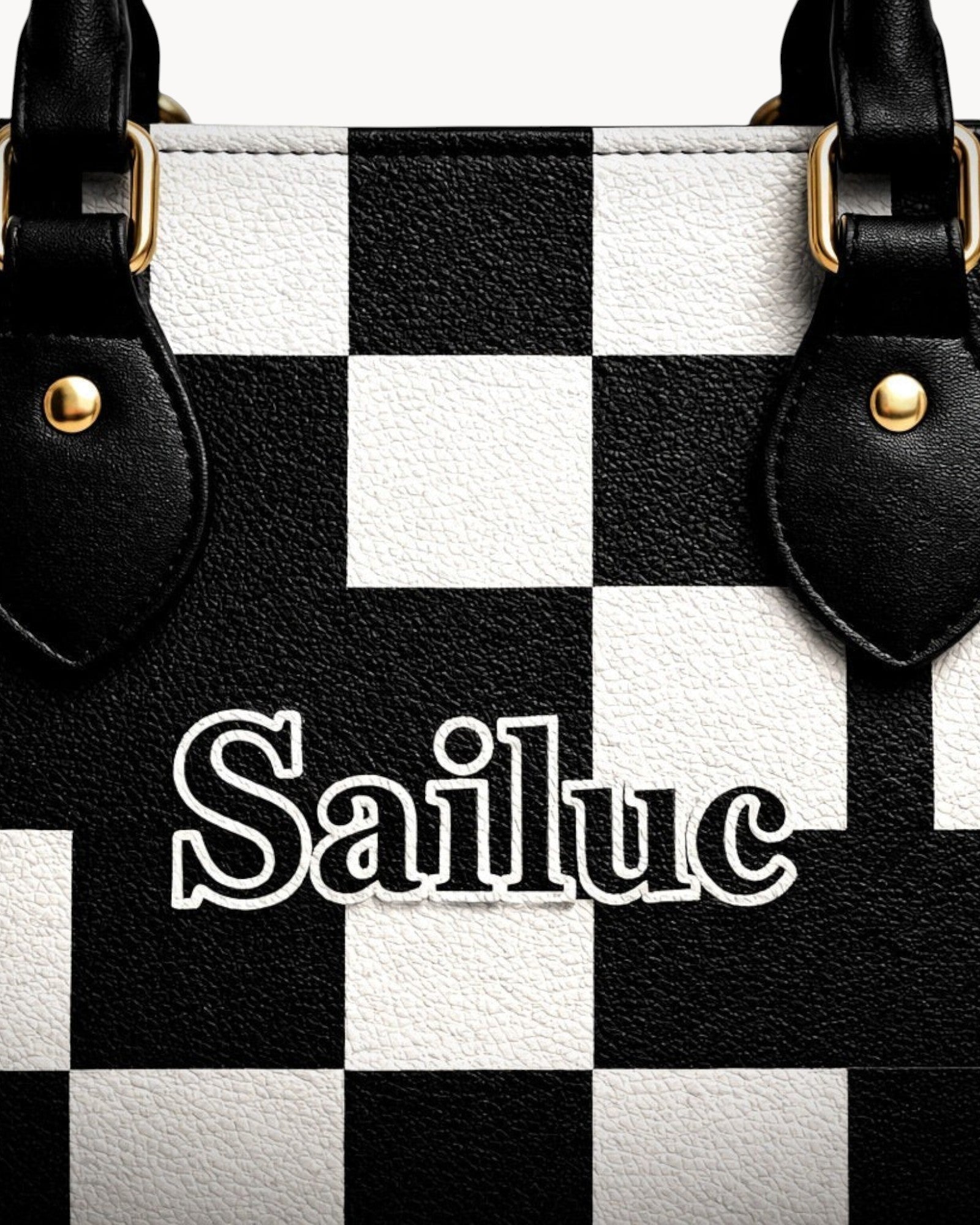 Black and white checkered bag with Sailuc branding