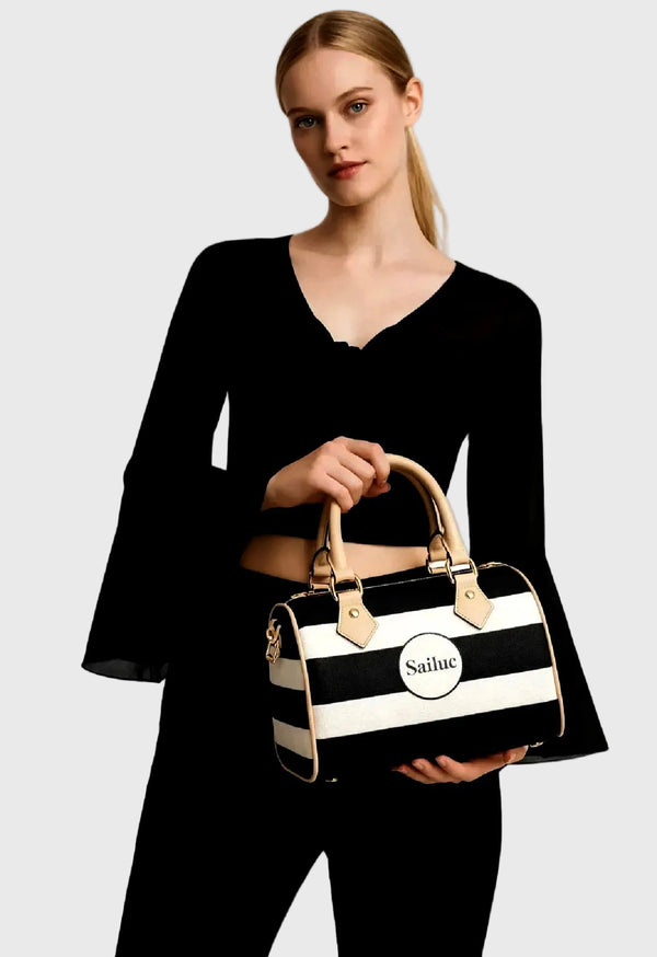 Striped Barrel-Shaped Leather Handbag