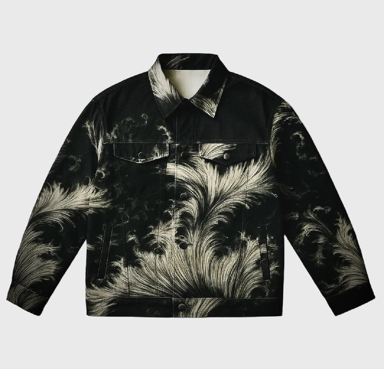 Black jacket with feather pattern on a gray background