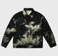Black jacket with feather pattern on a gray background