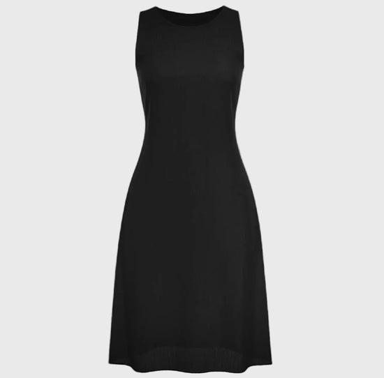 Black sleeveless dress on a gray background