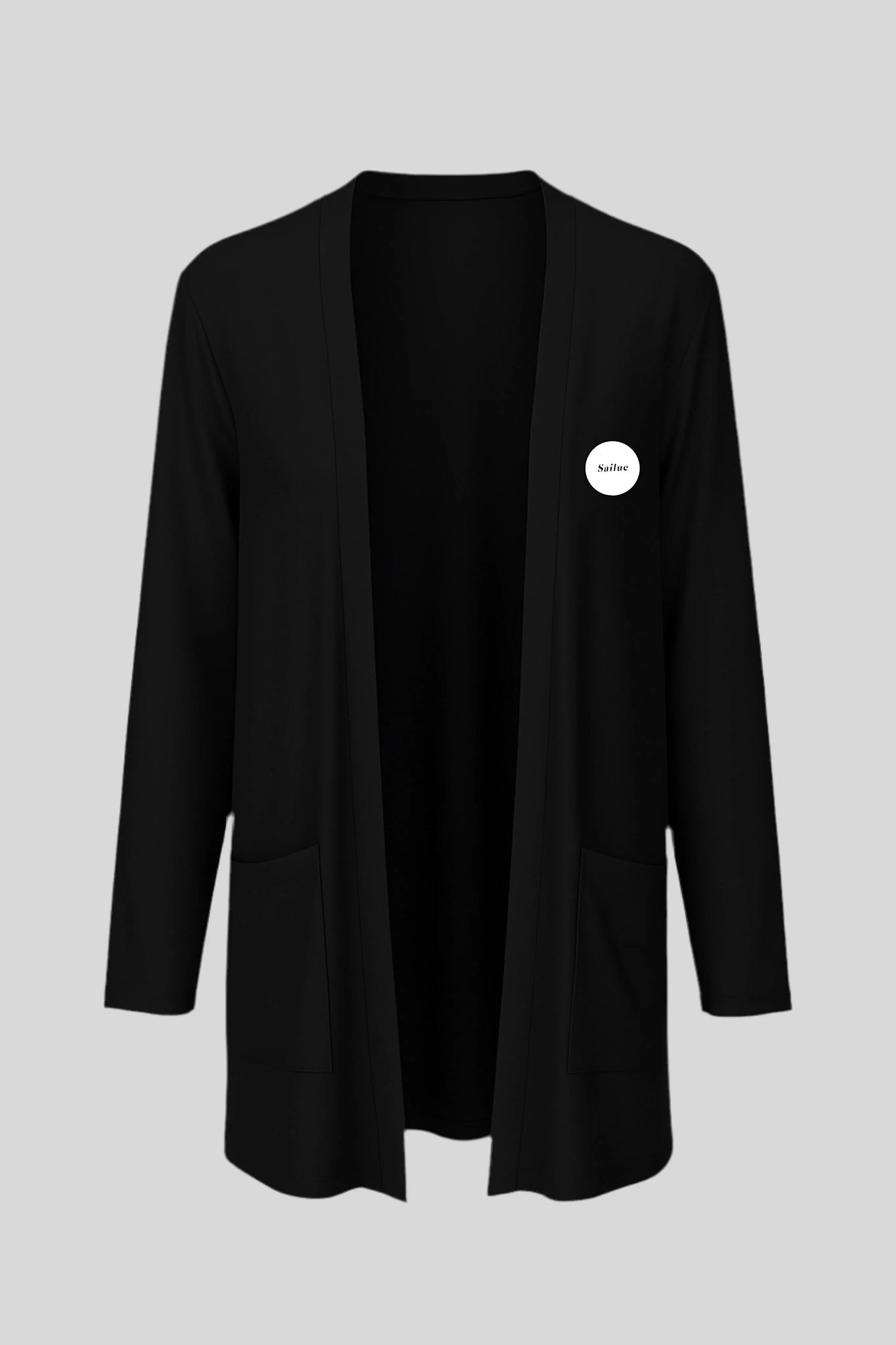 Sailuc black open-front cardigan with pockets and white logo patch on chest