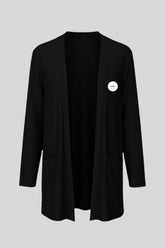 Sailuc black open-front cardigan with pockets and white logo patch on chest