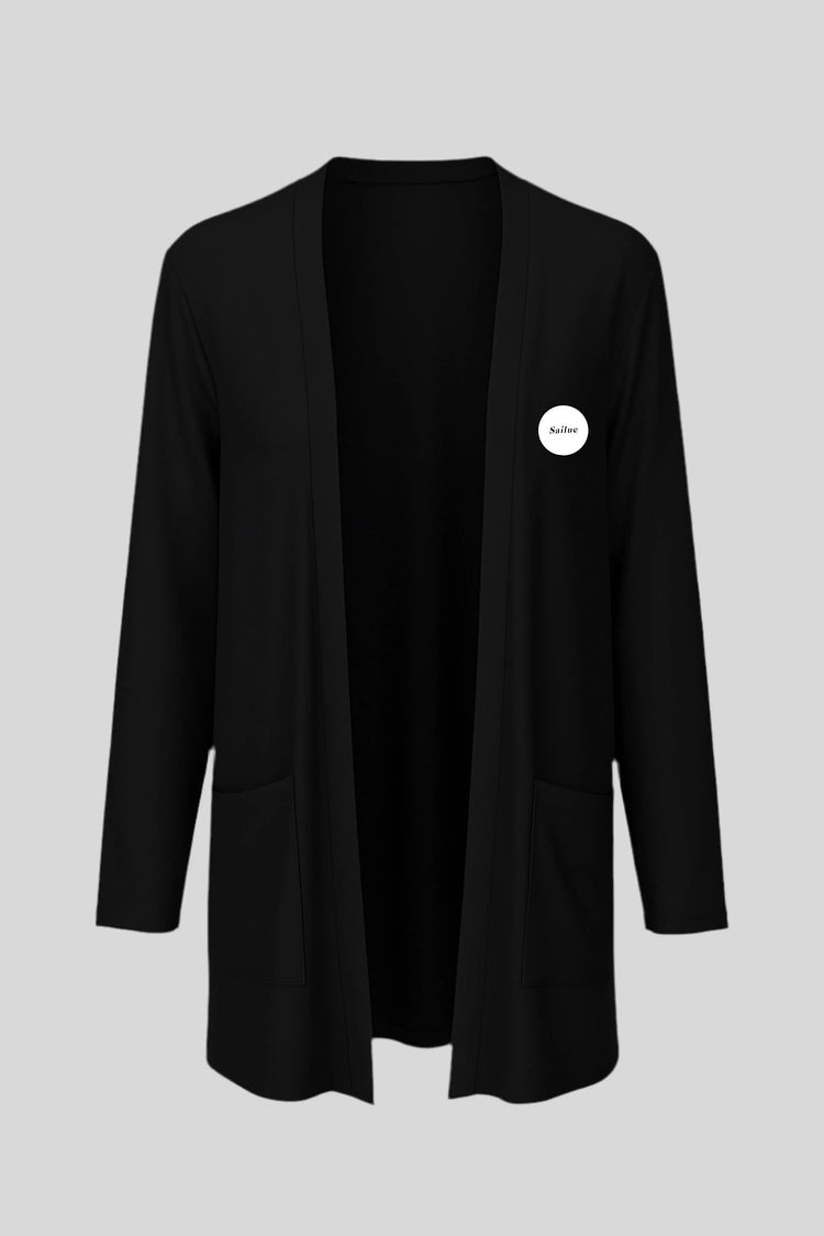 Sailuc black open-front cardigan with pockets and white logo patch on chest