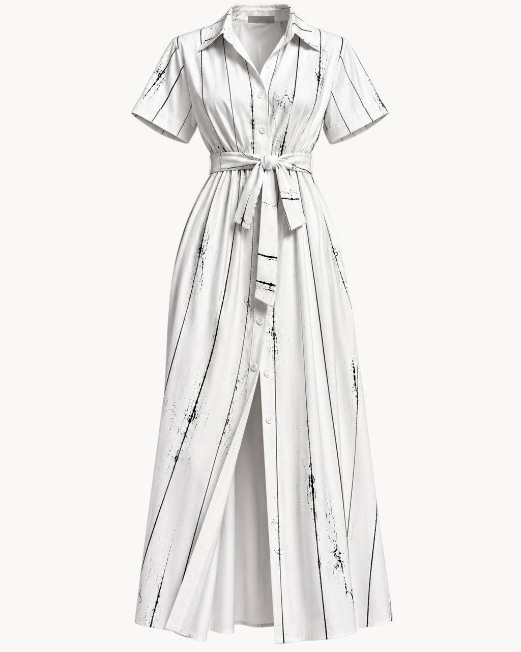 Sailuc Liora shirt dress in white with black vertical brushstroke print, featuring a collar and waist tie.