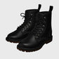 Pair of black leather boots on a gray background