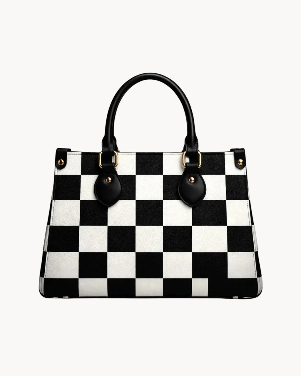 Black and white checkered handbag on a gray background