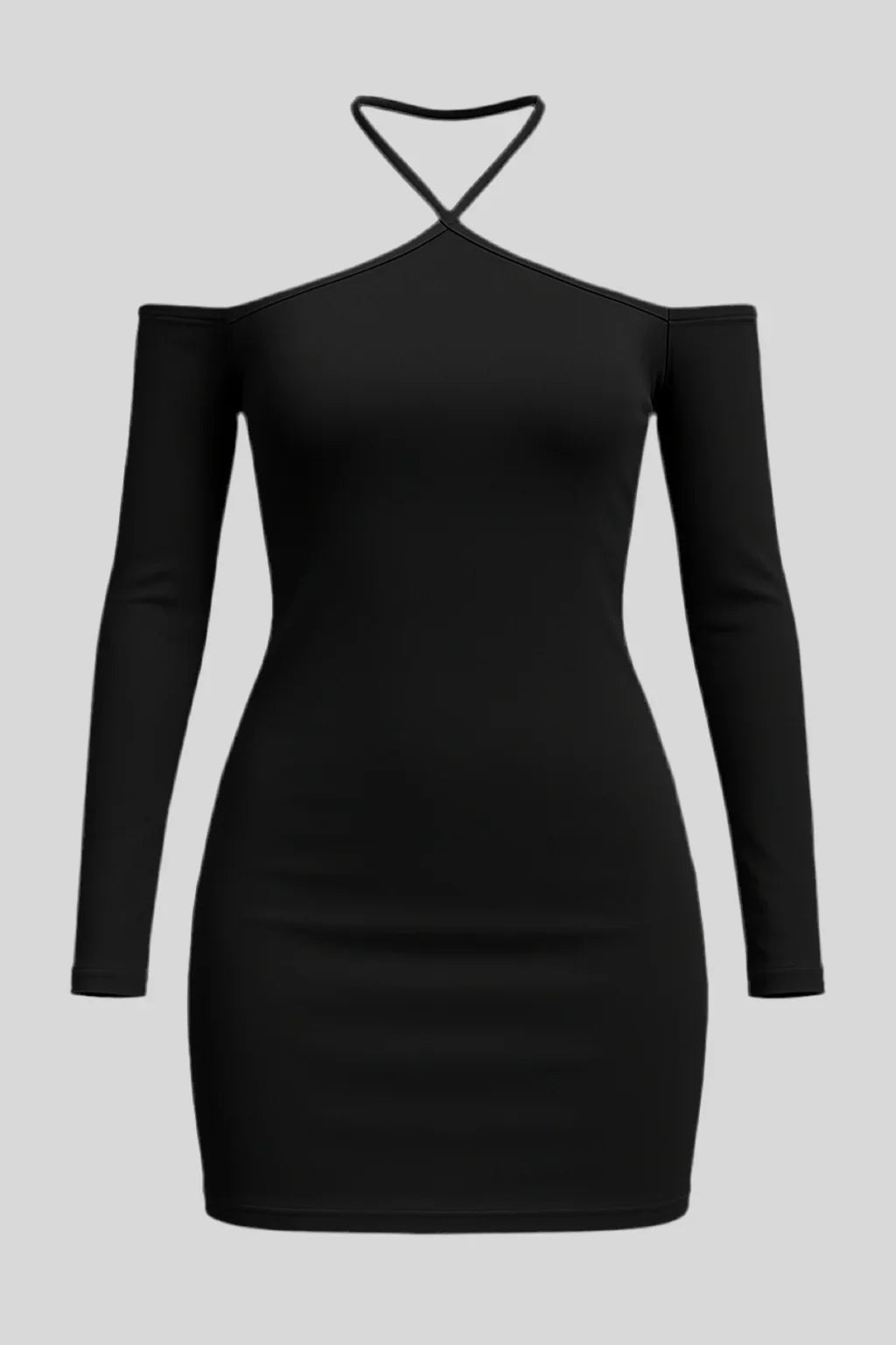 Sailuc black long-sleeve bodycon dress with off-shoulder and halter neckline on gray background