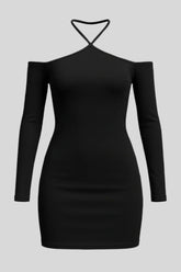 Sailuc black long-sleeve bodycon dress with off-shoulder and halter neckline on gray background