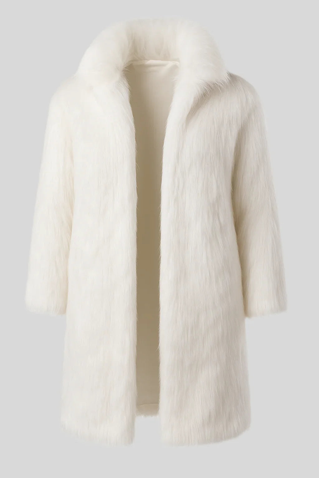 Sailuc luxury white faux fur coat for women, modern fashion outerwear on grey background