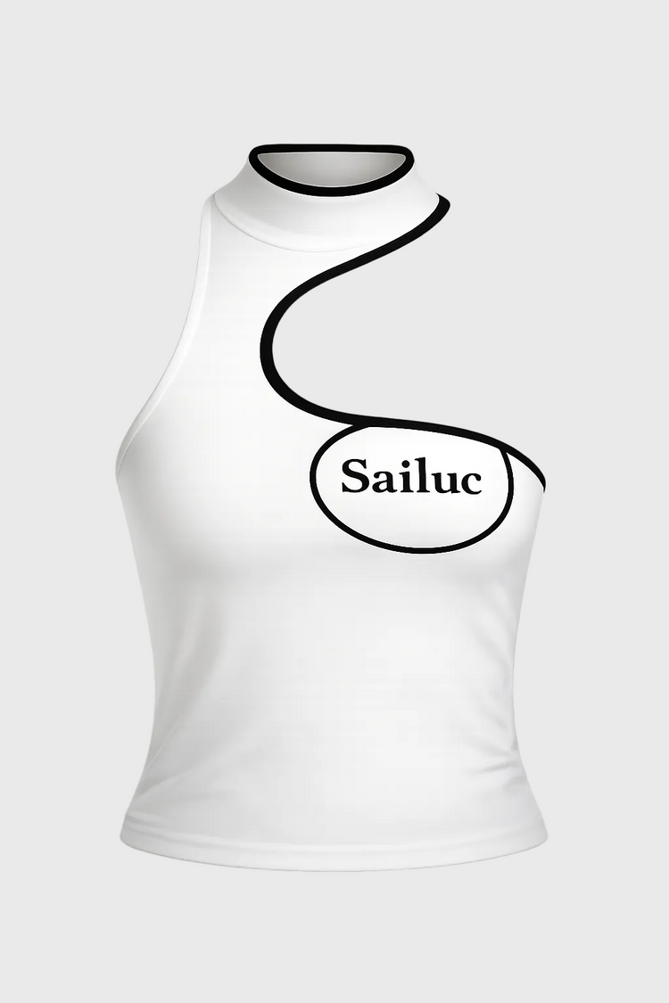 White sleeveless top with black trim and Sailuc branding on a gray background