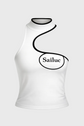 White sleeveless top with black trim and Sailuc branding on a gray background