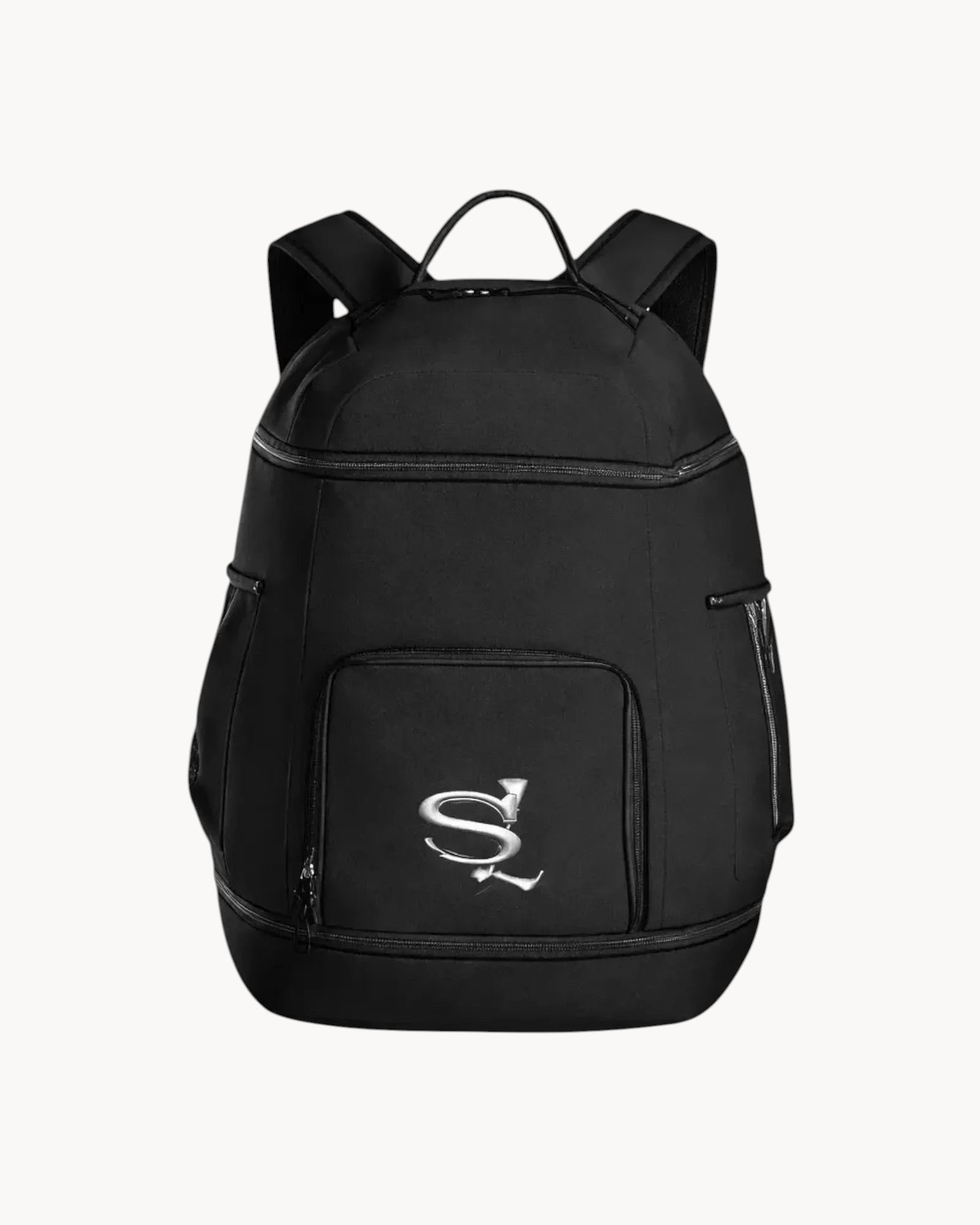 Black backpack with  Sailuc logo on a gray background