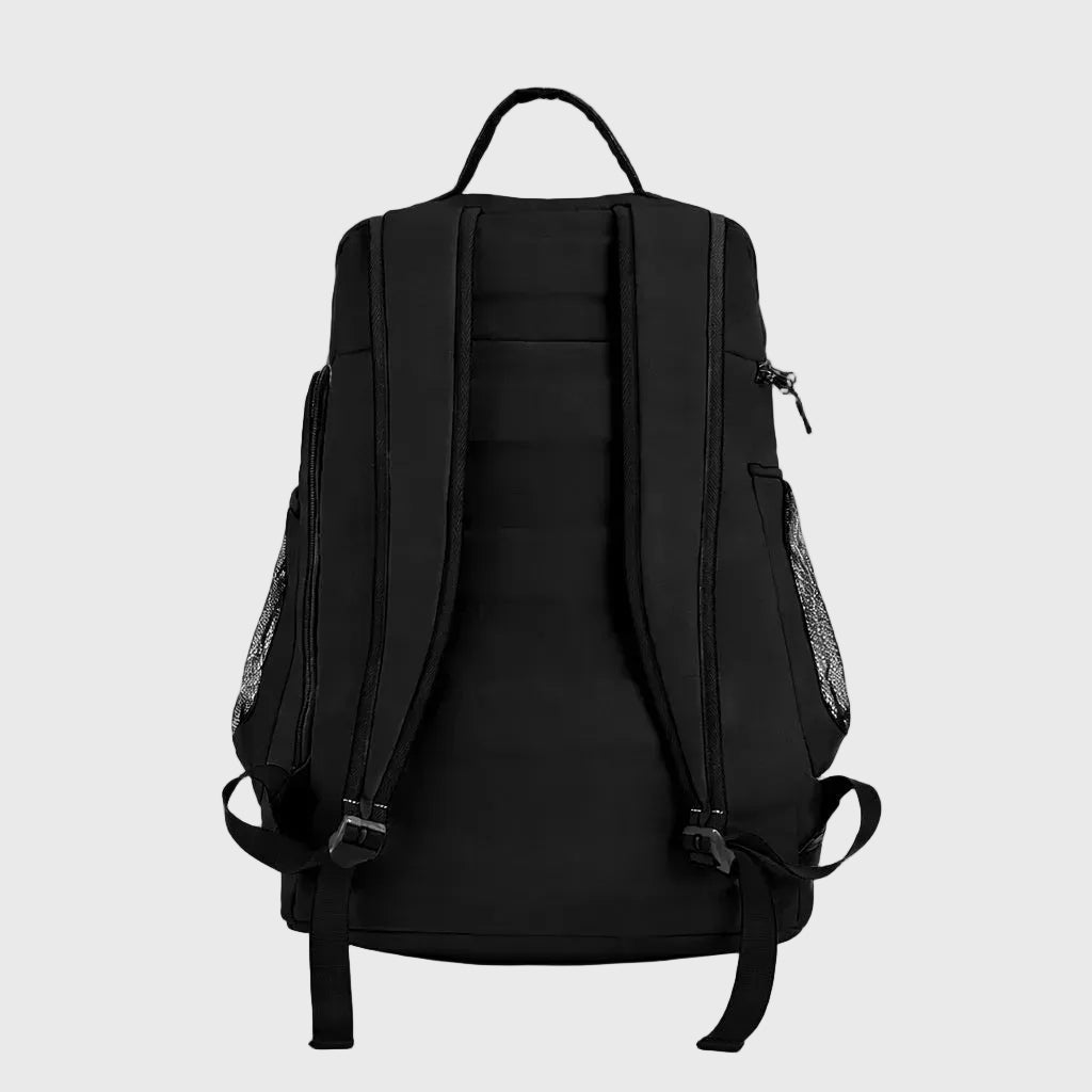 Black backpack on a gray background