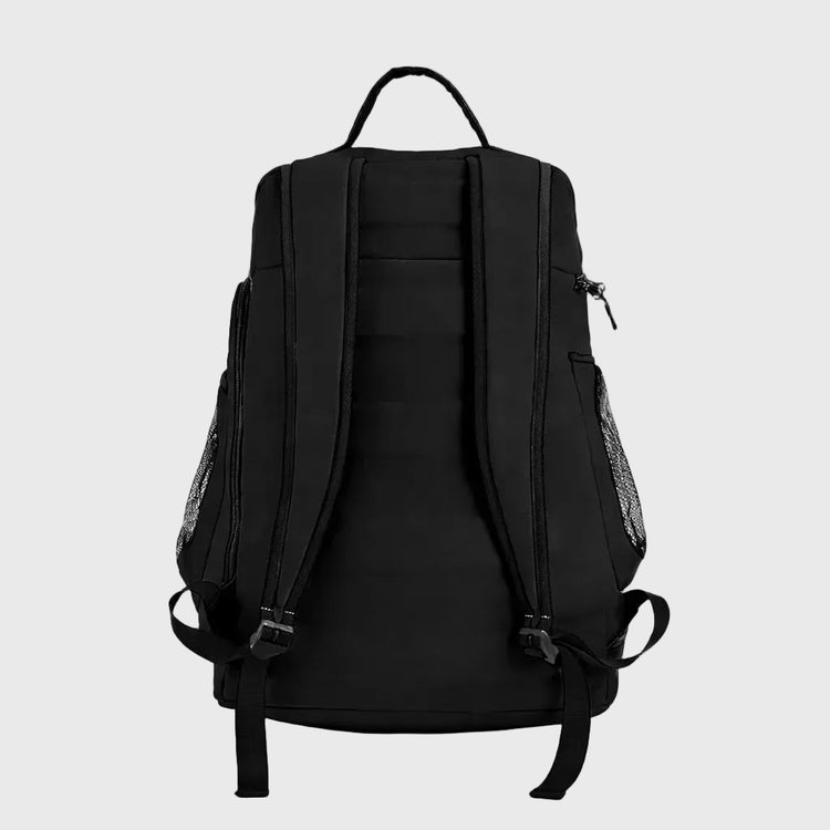 Black backpack on a gray background