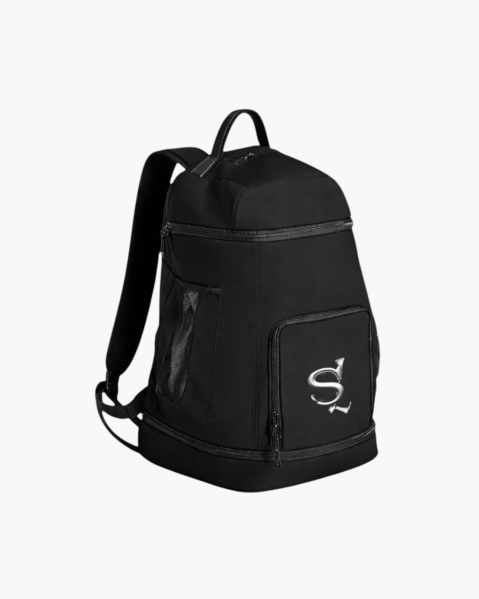 Black backpack with a logo on a gray background