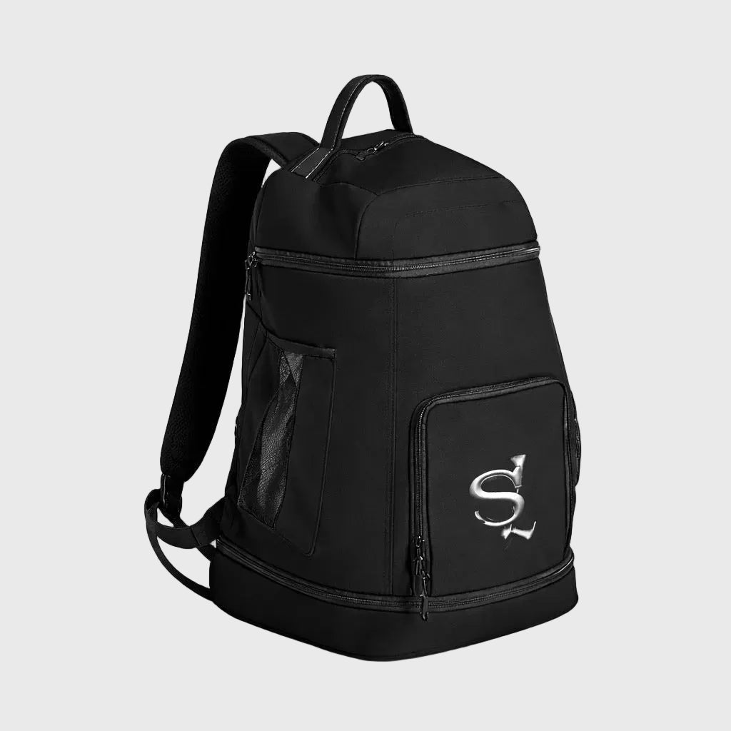 Black backpack with a logo on a gray background