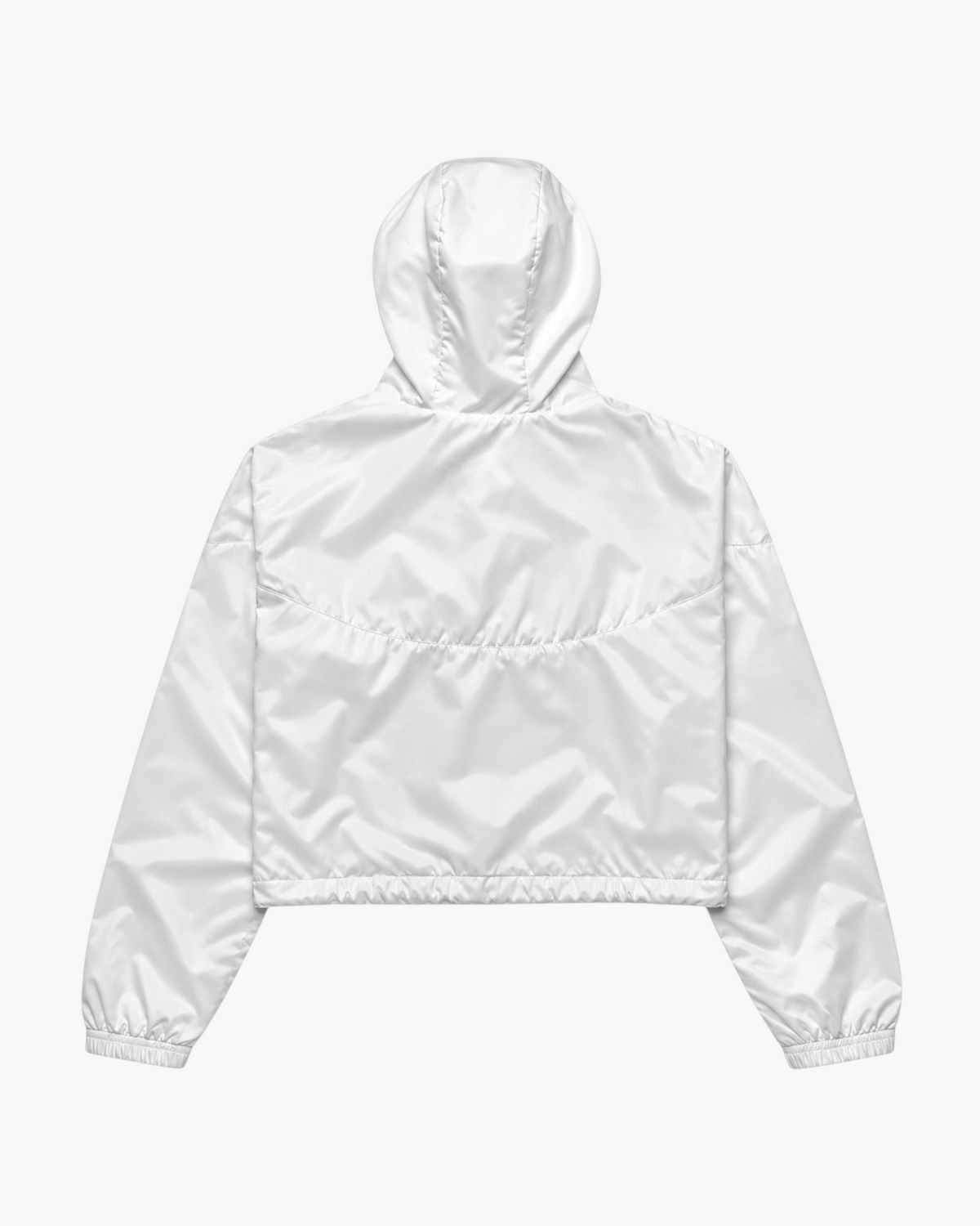 Sailuc Vento white cropped windbreaker with a hood, elastic cuffs, and adjustable waist, back view.