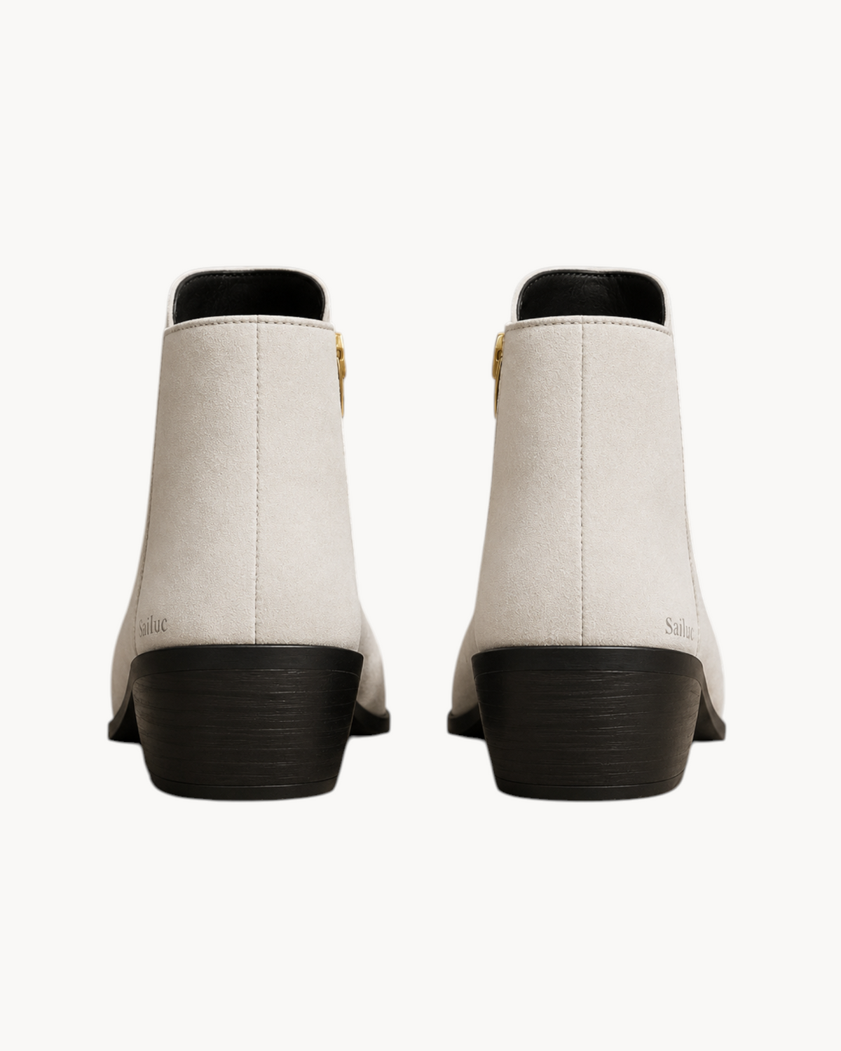 Sailuc ankle boots in light grey technical suede with a matte finish, structured silhouette, and black block heels.