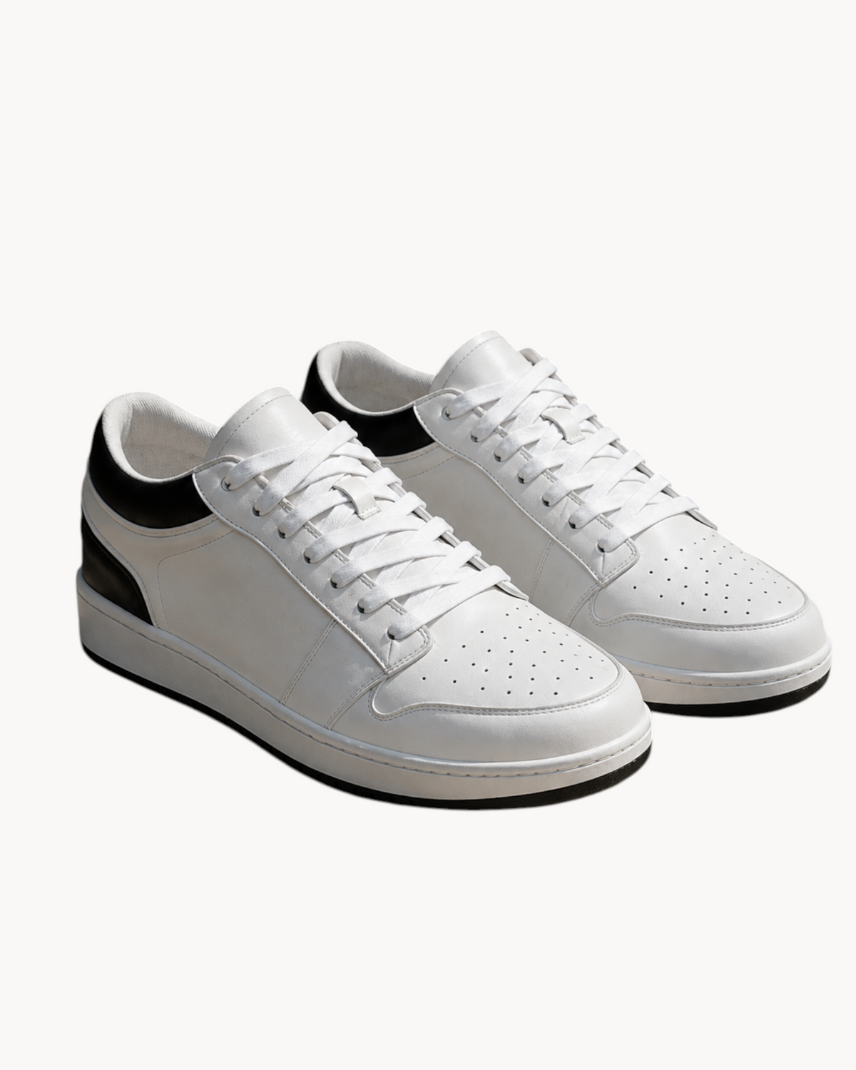 Sailuc Low Form sneakers in white technical PU with black heel detail and a clean lace-up minimal silhouette.