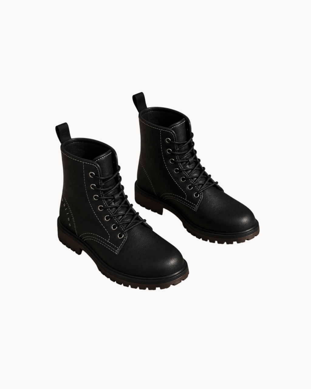 Sailuc Martin rugged style black combat boots with white contrast stitching, lace-up front, and durable lug soles.