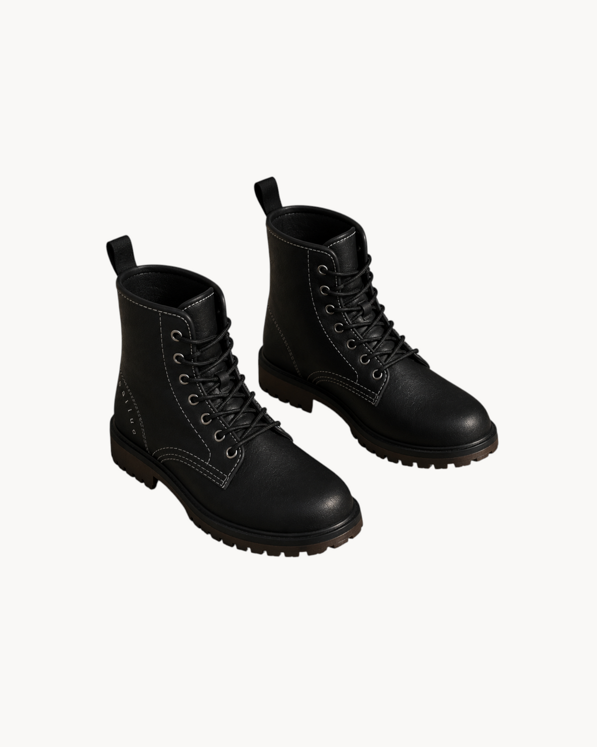 Sailuc Martin rugged style black combat boots with white contrast stitching, lace-up front, and durable lug soles.