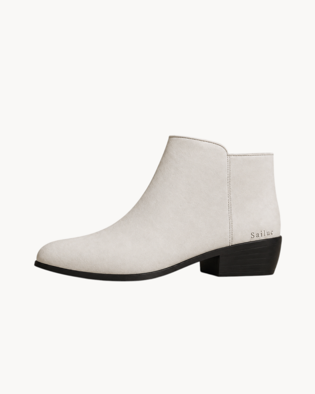 Sailuc ankle-height boots in off-white technical suede with a matte finish and a low black block heel.