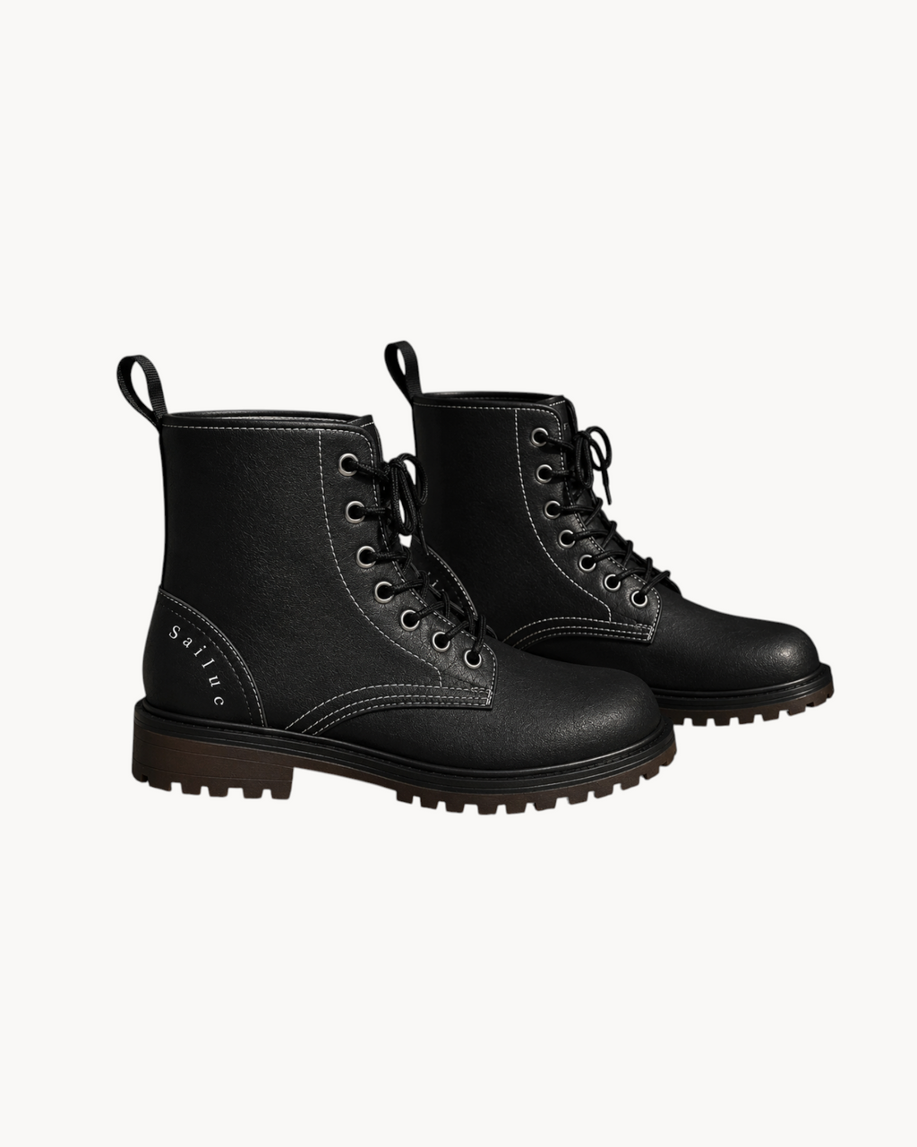 Sailuc Martin rugged black combat boots with white contrast stitching, lace-up closure, and a durable lug sole.
