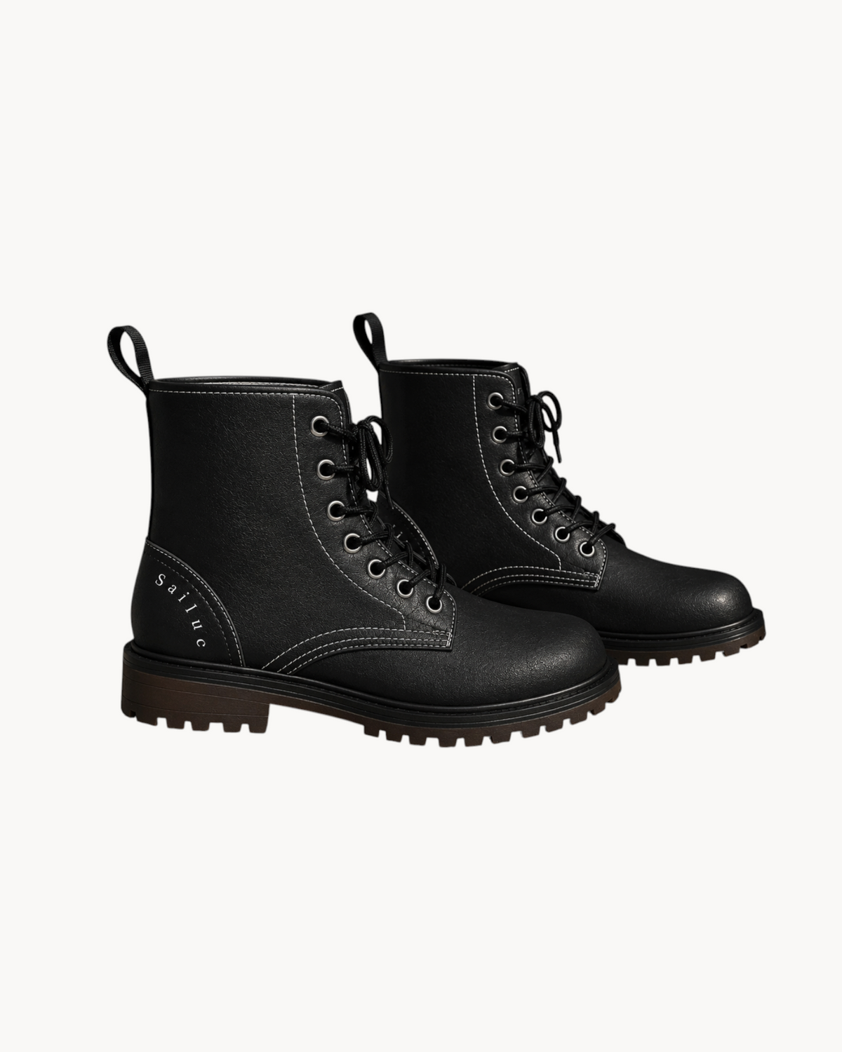 Sailuc Martin rugged black combat boots with white contrast stitching, lace-up closure, and a durable lug sole.