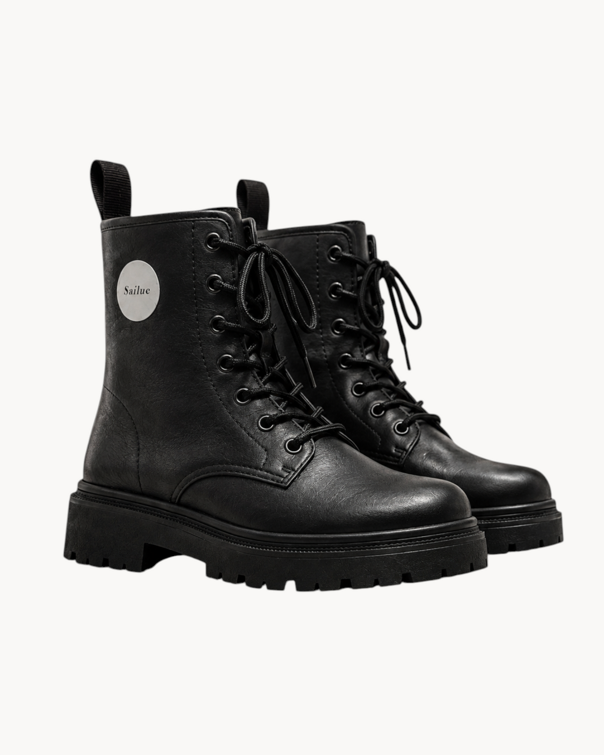 Sailuc Terrain Boots in black technical PU with a structured ankle-height silhouette, lace-up front, and lug sole.